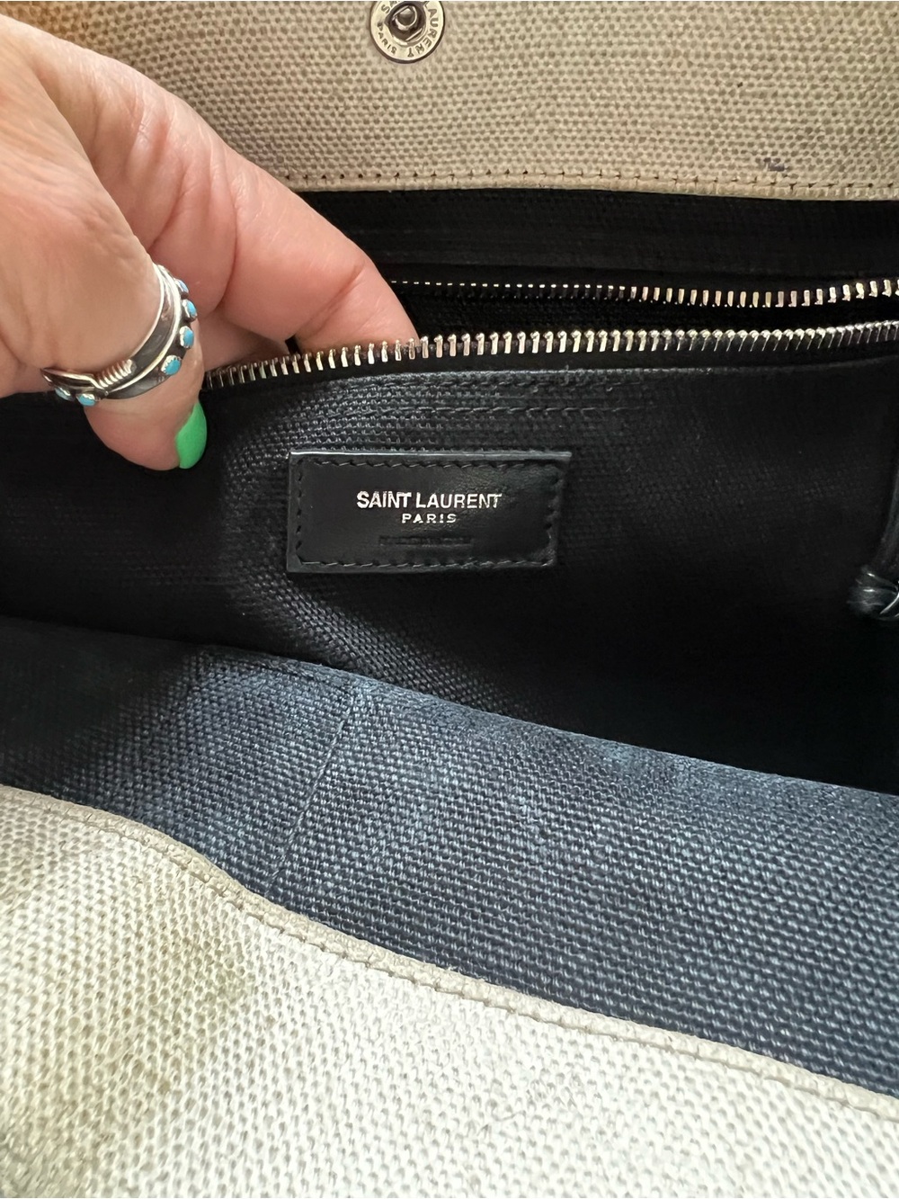 Saint Laurent Rive Gauche North/South Canvas Messenger Tote in Cream and Black - Picture 11 of 17
